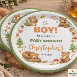 Plato De Papel Oh Boy Watercolor Woodland Bear Baby Shower