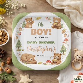Plato De Papel Oh Boy Watercolor Woodland Bear Baby Shower