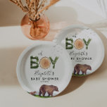 Plato De Papel Oh Boy Watercolor Woodland Bear Baby Shower<br><div class="desc">Bosque acuarela,  oso - BOY - placas de ducha para bebés. ¡Personalizable!</div>