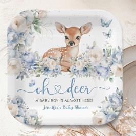 Plato De Papel Oh Deer Baby Shower Boy Dusty Blue Paper