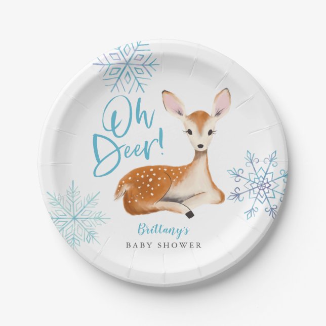 Plato De Papel Oh Deer Blue Winter Wonderland Baby Shower (Anverso)