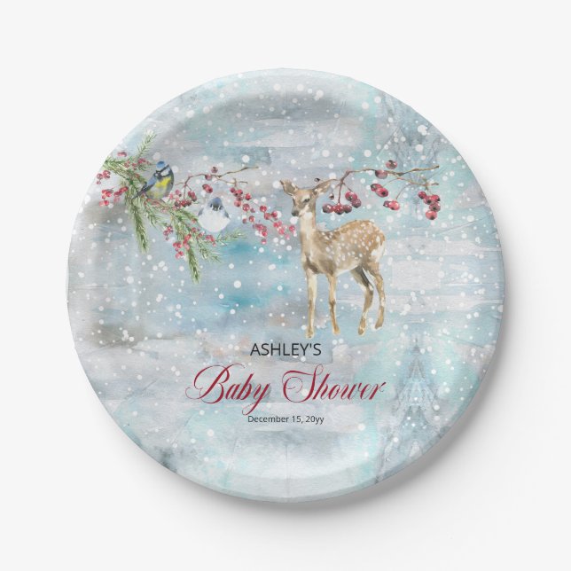 Plato De Papel Oh Deer Woodland Animals Winter Boy Baby Shower (Anverso)