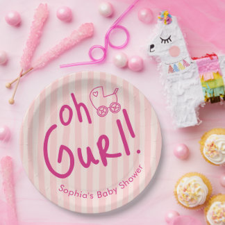 Plato De Papel Oh Gurl Niña Raya Rosa Baby Shower