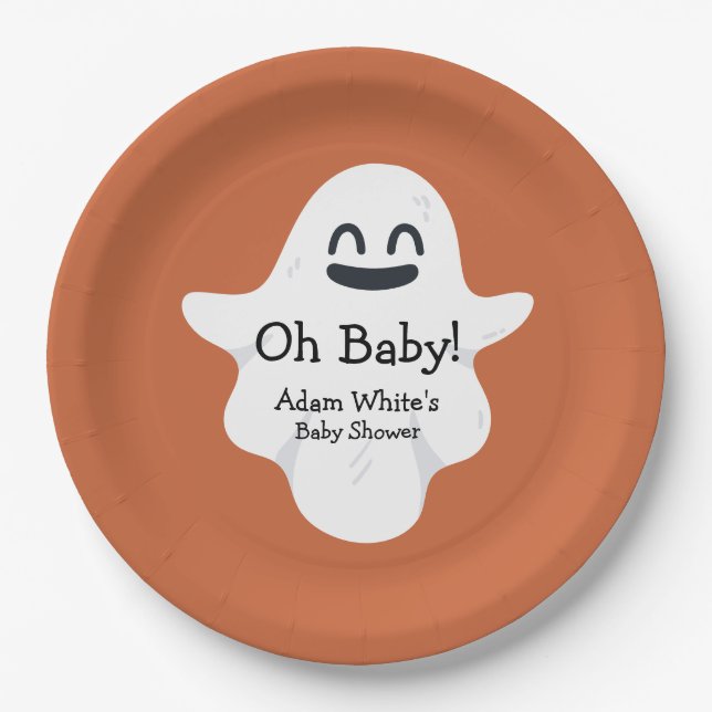 Plato De Papel Oh Naranja bebé Ghost Halloween Baby Shower (Anverso)