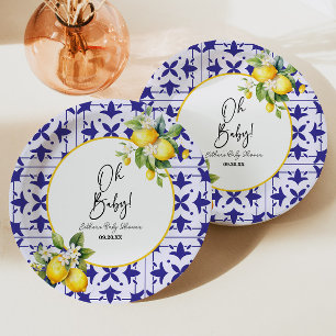 Plato De Papel ¡Oh, nena! Blue Mediterranean Tile Lemon Baby Show