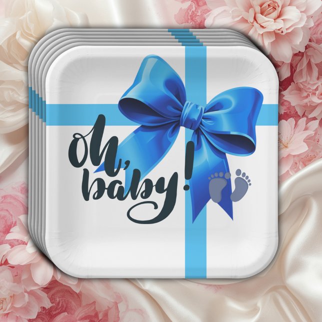 Plato De Papel ¡Oh, nena! Elegante Baby Shower Blue Bow (Subido por el creador)