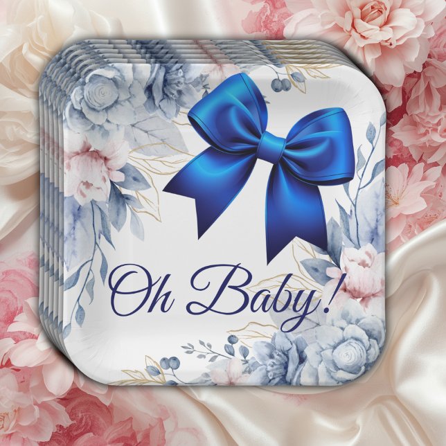 Plato De Papel ¡Oh, nena! Elegante Baby Shower Floral Blue Bow (Subido por el creador)