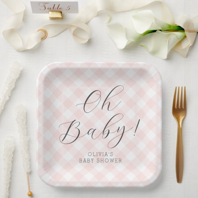 Plato De Papel ¡Oh, nena! Sweet Light Pink Gingham Baby Shower (Boda)
