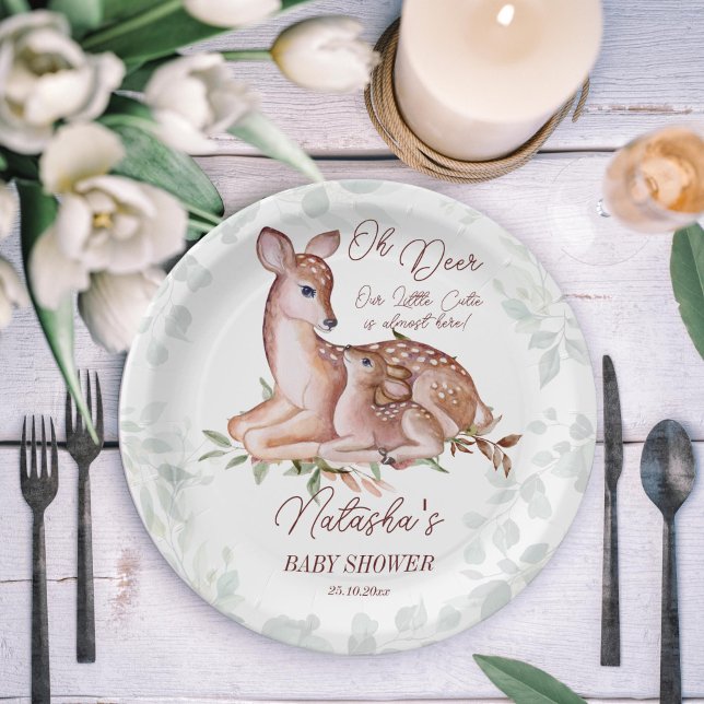 Plato De Papel Oh venado de madera de bebé ducha (Oh deer she's almost here woodlands baby shower tableware personalized plates doe and foal greenery)