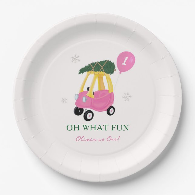 Plato De Papel Oh What Fun Pink Christmas Car 1st Birthday Party  (Anverso)