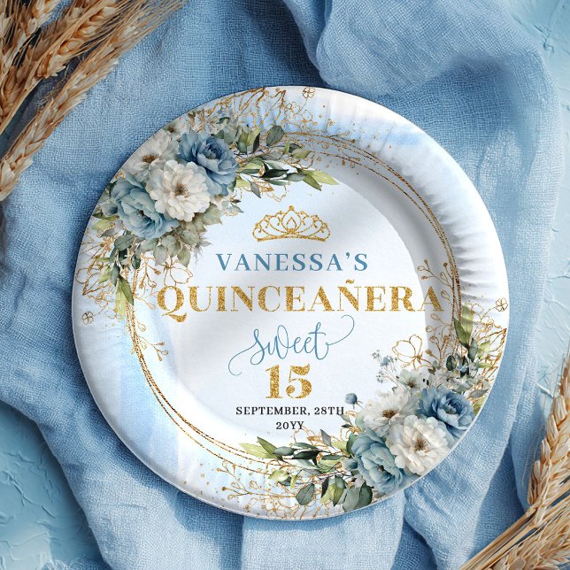 Plato De Papel oho Dusty Blue Floral Eucalyptus Gold Quinceañera  (oho Dusty Blue Floral Eucalyptus Gold Quinceañera Plates)