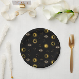 Plato De Papel Ojo Celestial Negro Oro y Ojo Zodiaco Luna