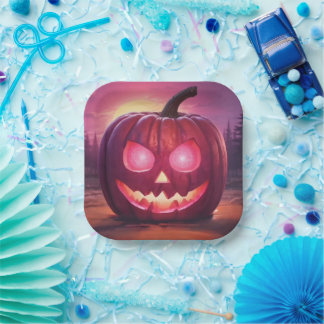 Plato De Papel Ojos que brillan rosa jack-o'-lantern