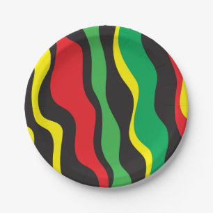 Plato De Papel Ola de Rasta Negro Verde Amarillo Rojo Fiesta