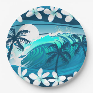Plato De Papel Ola de surf tropical con palmeras