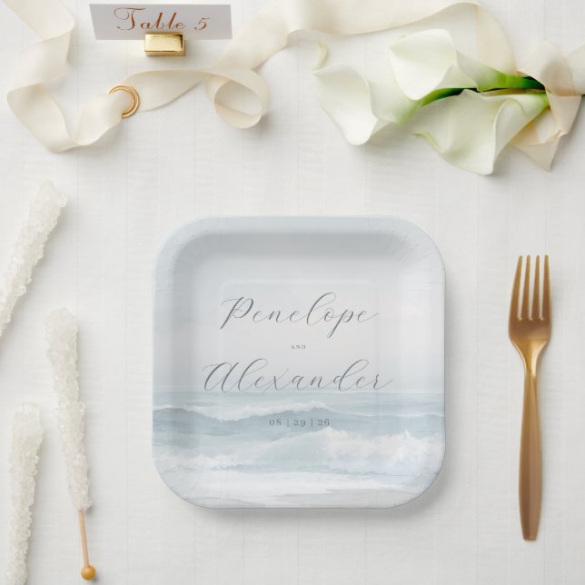Plato De Papel Olas de acuarela de agua azul tranquila (Boda)