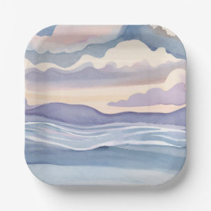 Plato De Papel Olas de océano soñadoras Acuarela