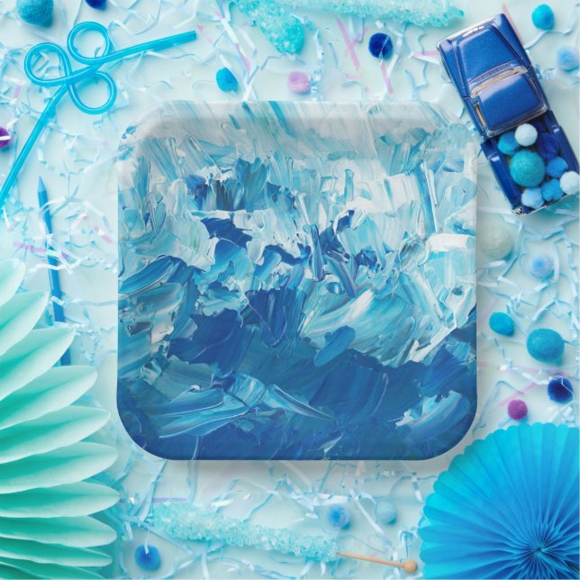 Plato De Papel Olas de pintura azul abstracta (Fiesta)