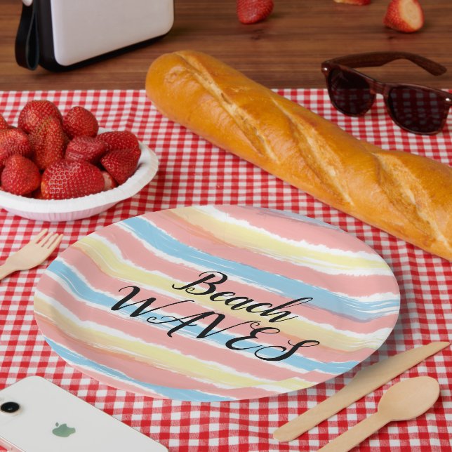 Plato De Papel Olas de Playa Amarillo Rosa Azul Acuarela (Picnic)