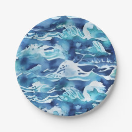 Plato De Papel Olas del Océano | Acuarela Verde Azul Turquesa