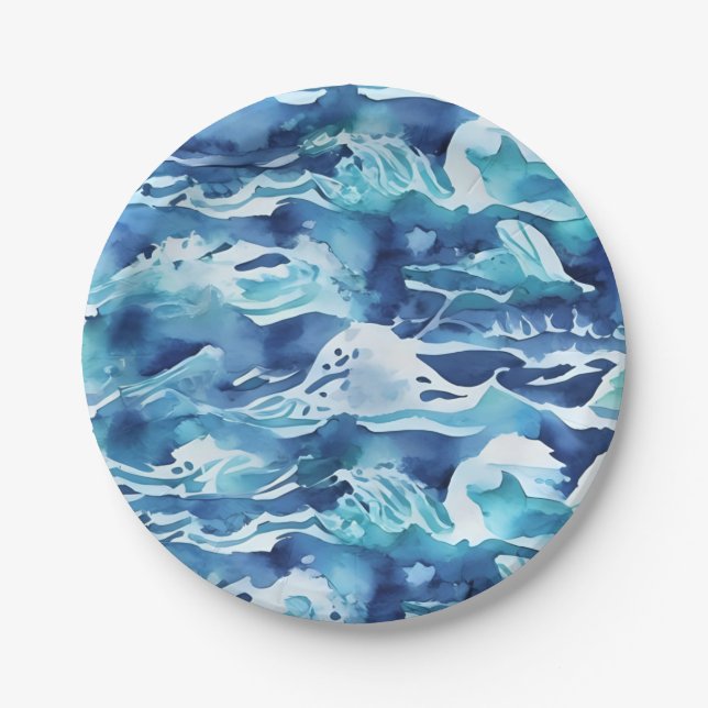Plato De Papel Olas del Océano | Acuarela Verde Azul Turquesa (Anverso)