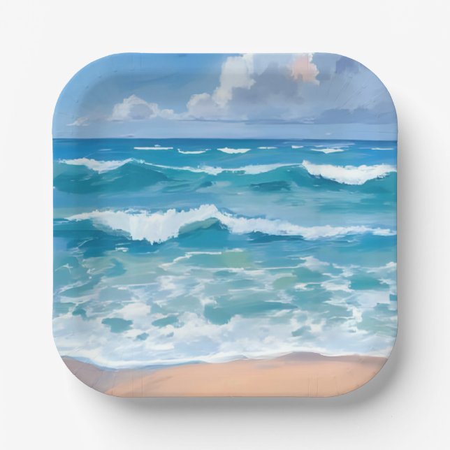 Plato De Papel Olas del Océano Azul | Acuarela de Mar de Playa (Anverso)