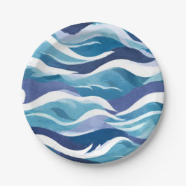 Plato De Papel Olas del Océano Azul | Acuarela Moderna Simplista