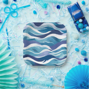 Plato De Papel Olas del océano azul   Acuarela simplista moderna