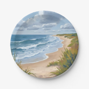 Plato De Papel Olas del Océano Pintura Costera de la Playa