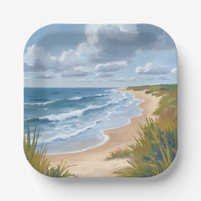 Plato De Papel Olas del Océano | Pintura Costera de Playa (Anverso)