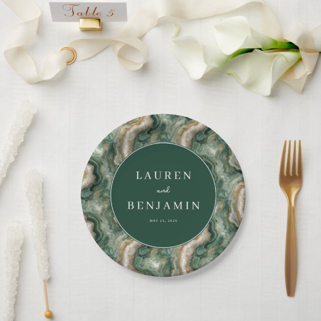 Plato De Papel Olas Elegantes Verdes Marmoleadas (Boda)
