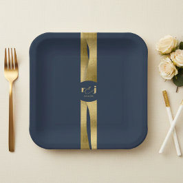 Plato De Papel Olas Esculturales Boda Azul Marino Oro ID1312