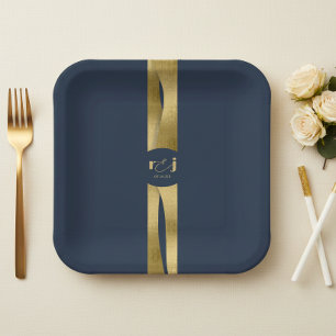 Plato De Papel Olas Esculturales Boda Azul Marino Oro ID1312
