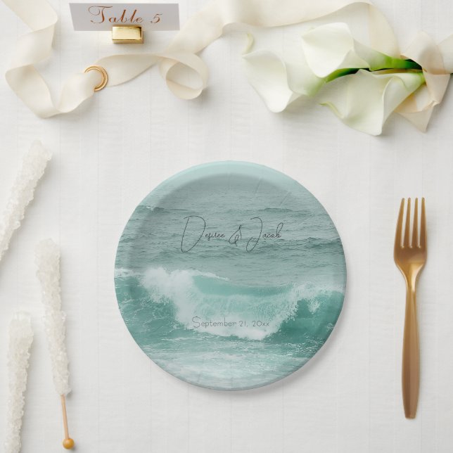 Plato De Papel Olas marinas Verde azuladas de océano blanco (Boda)