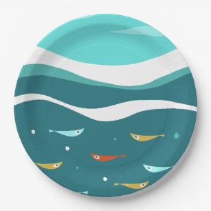 Plato De Papel Olas oceánicas de verano retro de mediados del sig