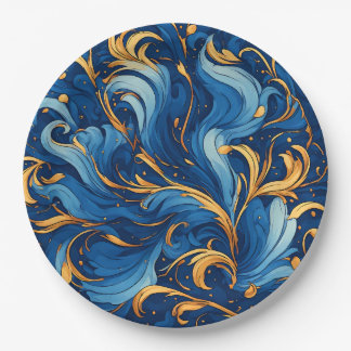 Plato De Papel Olas Reales de Capricho Remolinos de Azul y Dorado