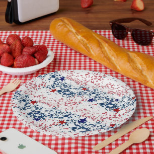 Plato De Papel Olas rojas blancas y azules con estrellas