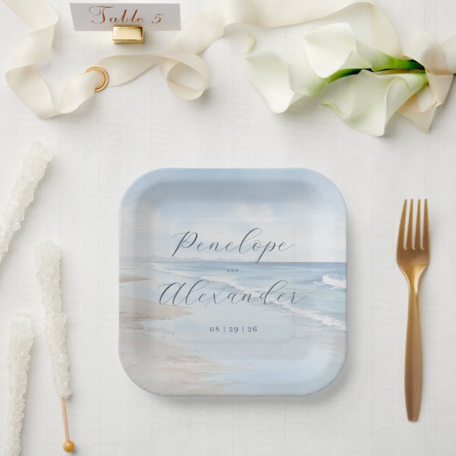 Plato De Papel Olas tranquilas de la playa azul (Boda)
