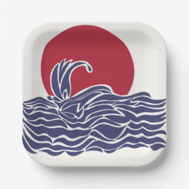 Plato De Papel Olas y puesta de sol en los océanos rojo, blanco y