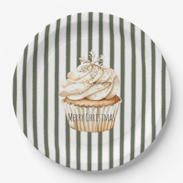 Plato De Papel Olive Cream Stripes Snowflake Cupcake Christmas (Anverso)