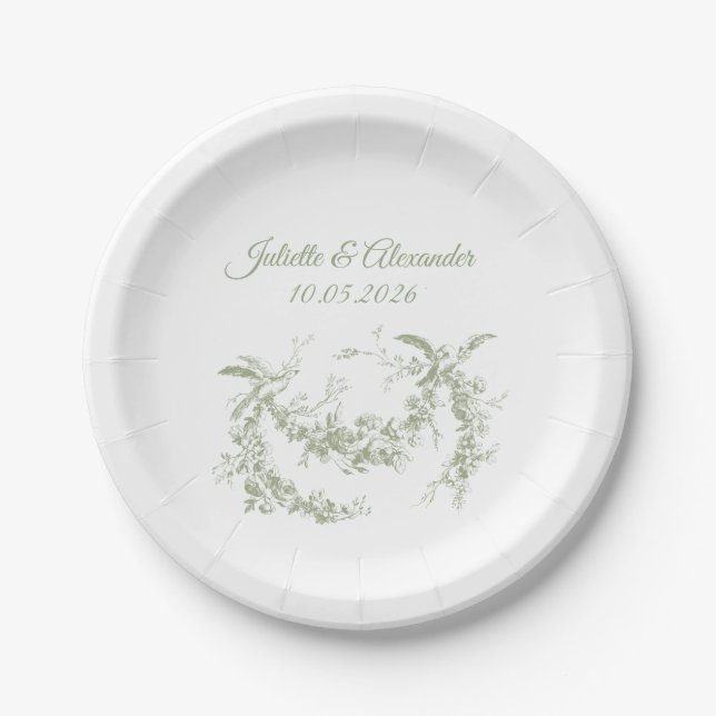 Plato De Papel Olive Green Toile de Jouy Wedding Paper Plates (Anverso)