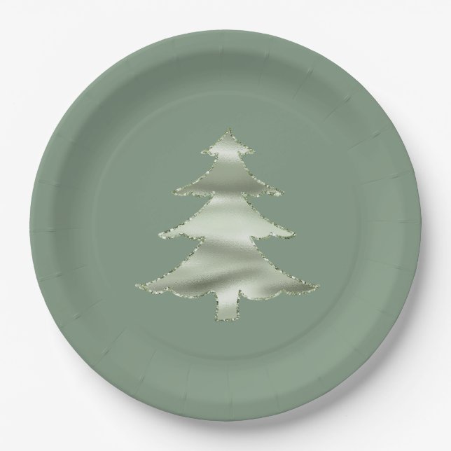 Plato De Papel Olive Pistachio Mint Green Christmas Tree (Anverso)