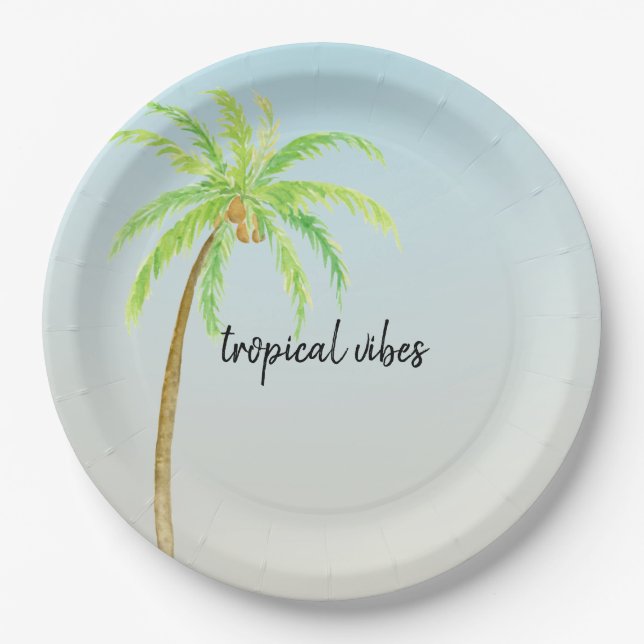 Plato De Papel Ombre azul de árbol de palmas tropicales (Anverso)