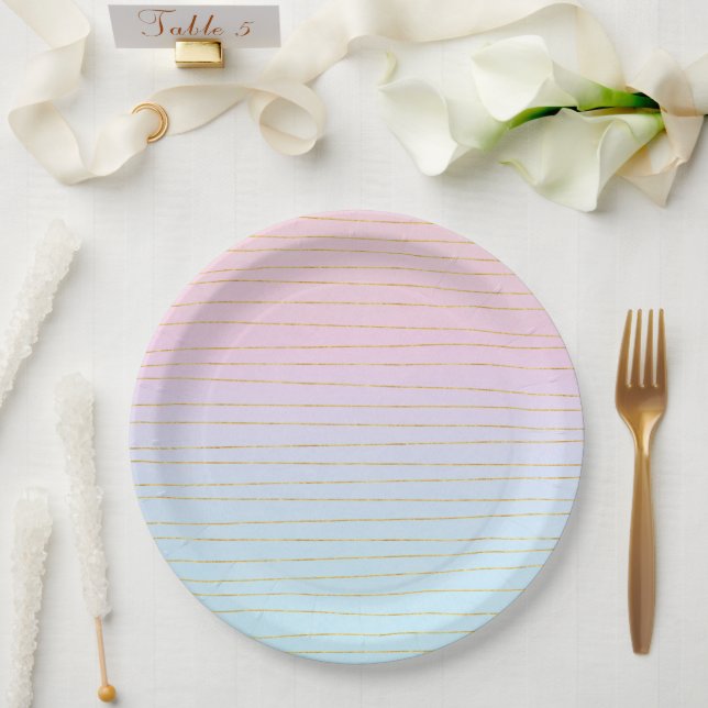Plato De Papel Ombre azul rosado con líneas de oro (Boda)