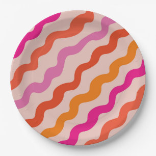 Plato De Papel Ondas abstractas rayadas retro rosa rojo naranja