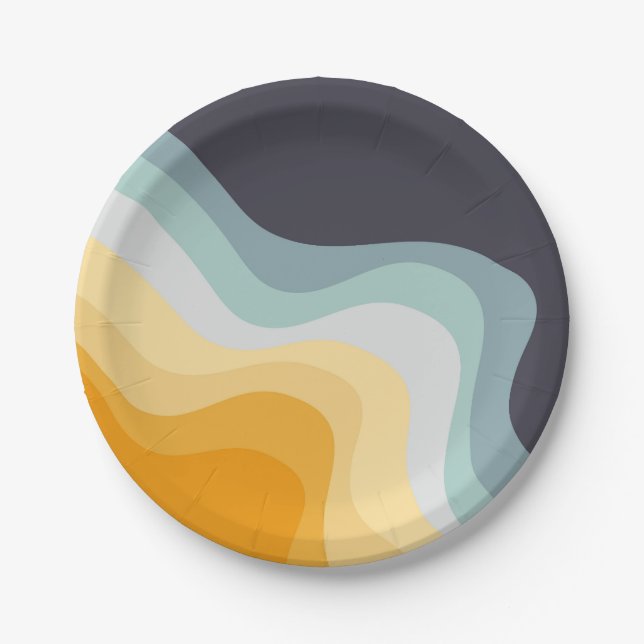 Plato De Papel Ondas de estilo retro azul y amarillo (Anverso)