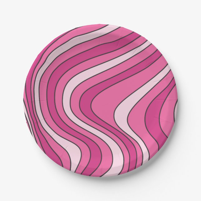 Plato De Papel Ondas de estilo retro rosa (Anverso)