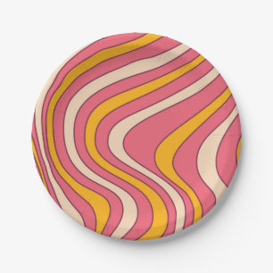Plato De Papel Ondas de estilo retro rosa y naranja