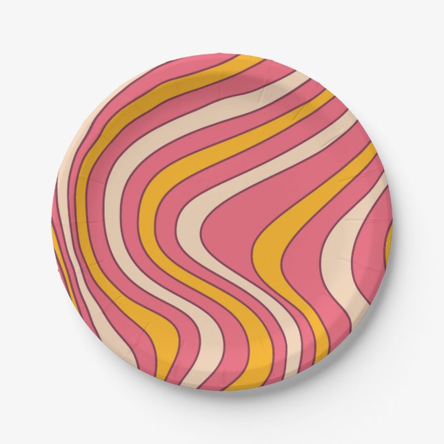 Plato De Papel Ondas de estilo retro rosa y naranja (Anverso)