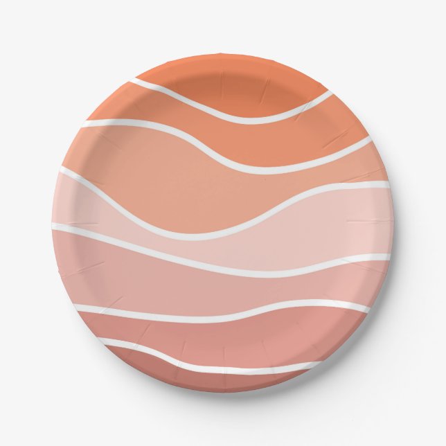 Plato De Papel Ondas de estilo retro rosa y naranja (Anverso)